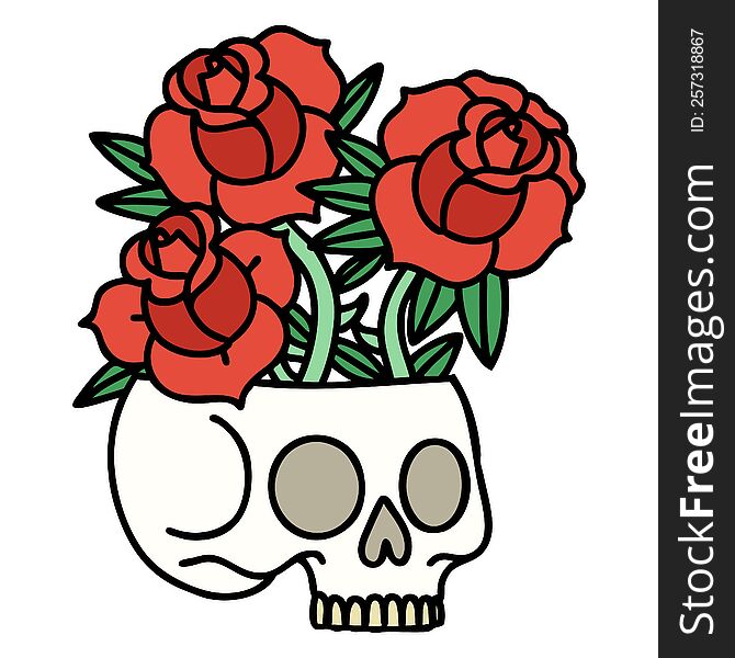 tattoo in traditional style of a skull and roses. tattoo in traditional style of a skull and roses