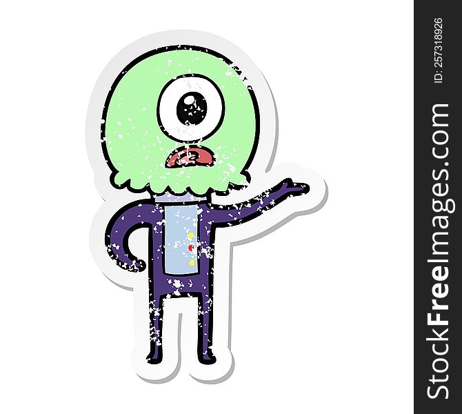 Distressed Sticker Of A Cartoon Cyclops Alien Spaceman Explaining