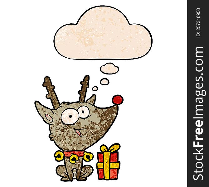 Cartoon Christmas Reindeer And Thought Bubble In Grunge Texture Pattern Style