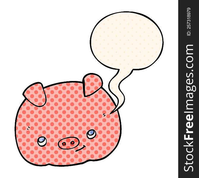 cartoon happy pig with speech bubble in comic book style