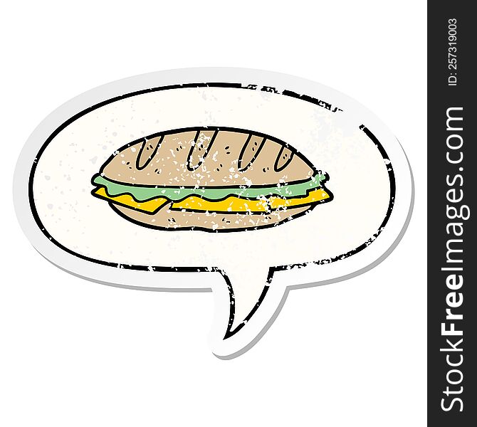 cartoon chesse sandwich with speech bubble distressed distressed old sticker. cartoon chesse sandwich with speech bubble distressed distressed old sticker