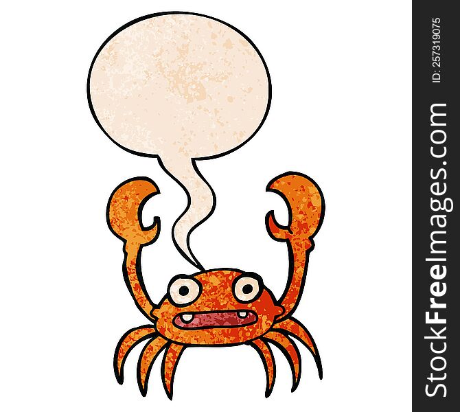 cartoon crab and speech bubble in retro texture style