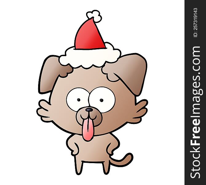 hand drawn gradient cartoon of a dog with tongue sticking out wearing santa hat