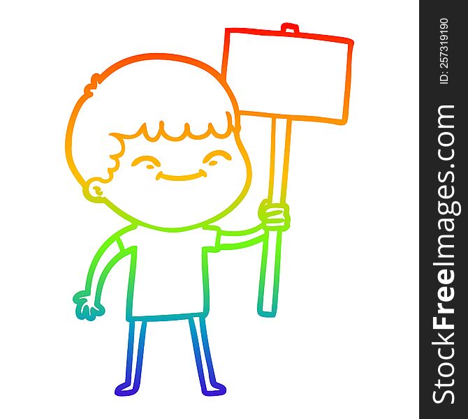 rainbow gradient line drawing of a cartoon smiling boy with placard