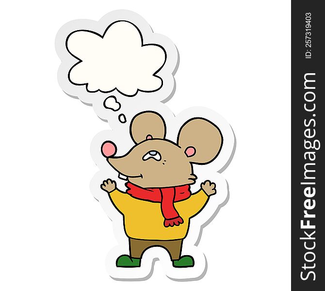 Cartoon Mouse Wearing Scarf And Thought Bubble As A Printed Sticker
