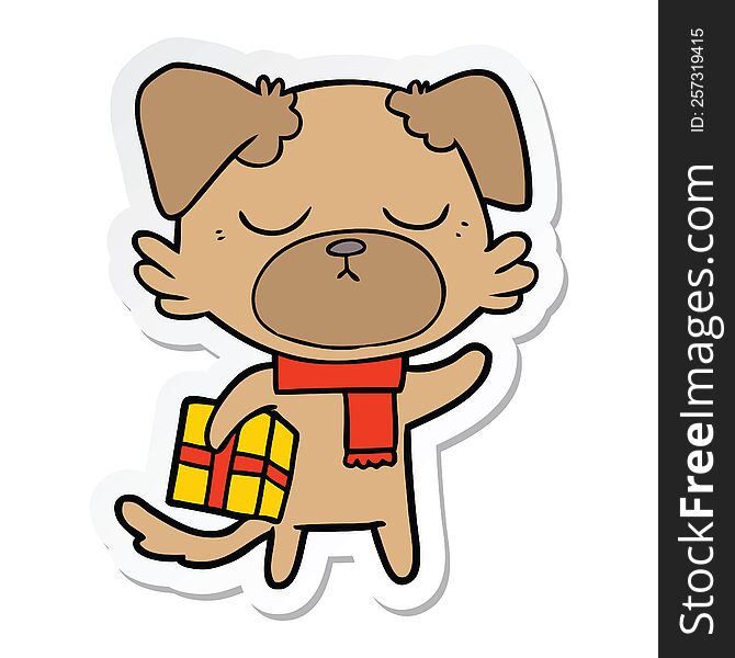 Sticker Of A Cute Cartoon Dog With Christmas Present