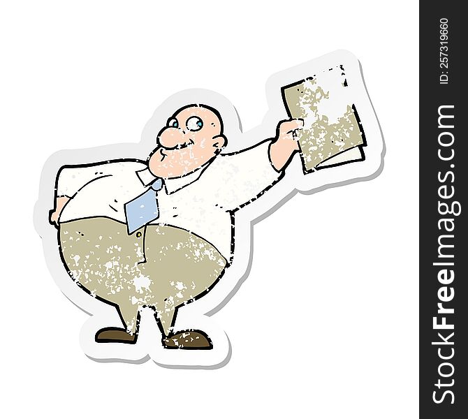 retro distressed sticker of a cartoon happy boss with file