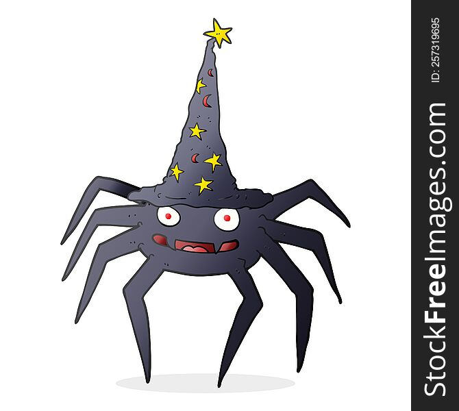freehand drawn cartoon halloween spider in witch hat