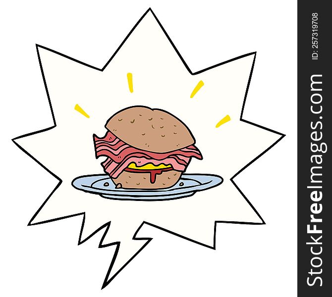 cartoon amazingly tasty bacon breakfast sandwich with cheese with speech bubble. cartoon amazingly tasty bacon breakfast sandwich with cheese with speech bubble