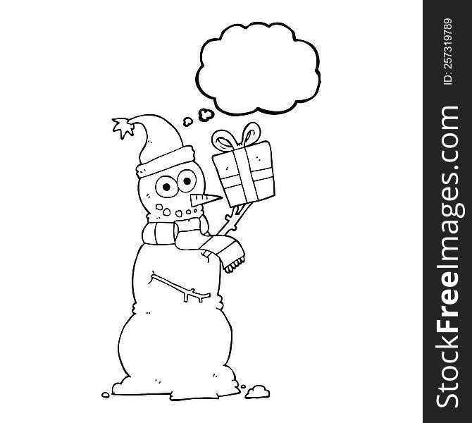 freehand drawn thought bubble cartoon snowman holding present