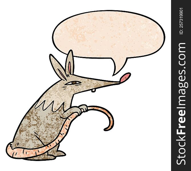 cartoon sneaky rat and speech bubble in retro texture style