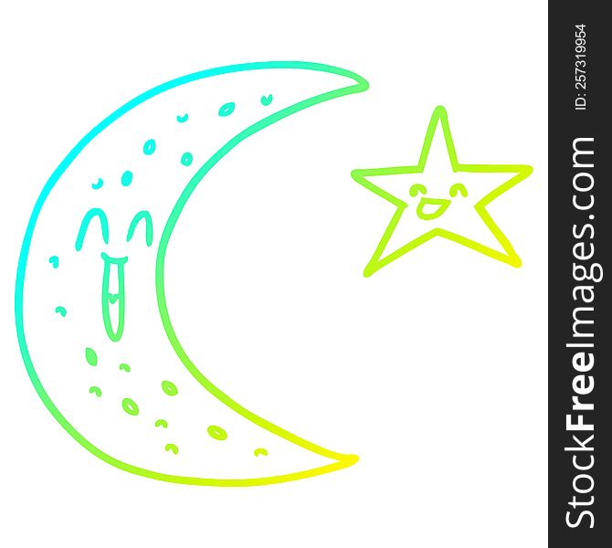 Cold Gradient Line Drawing Happy Cartoon Moon And Star
