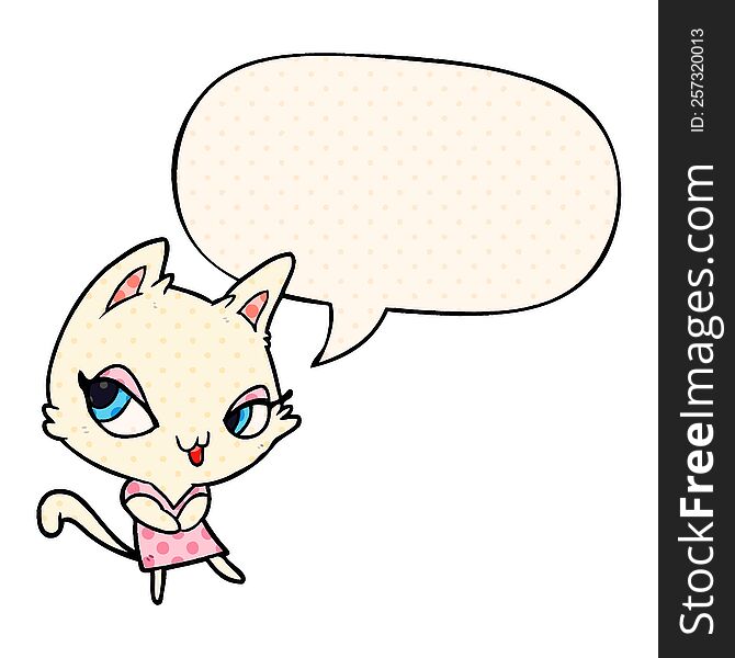 cute cartoon female cat with speech bubble in comic book style