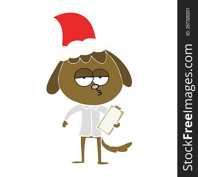 hand drawn flat color illustration of a bored dog in office clothes wearing santa hat