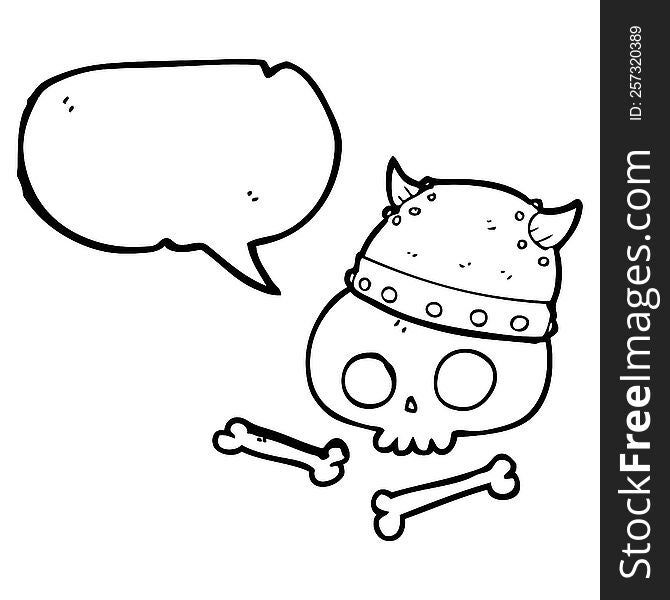 freehand drawn speech bubble cartoon viking helmet on skull