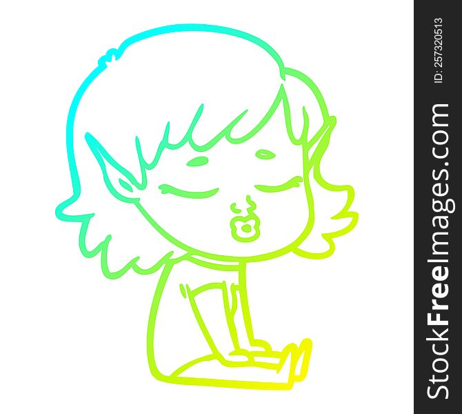 Cold Gradient Line Drawing Pretty Cartoon Elf Girl Sitting