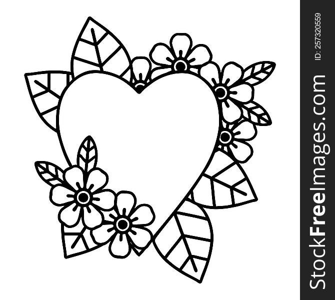 tattoo in black line style of a botanical heart. tattoo in black line style of a botanical heart