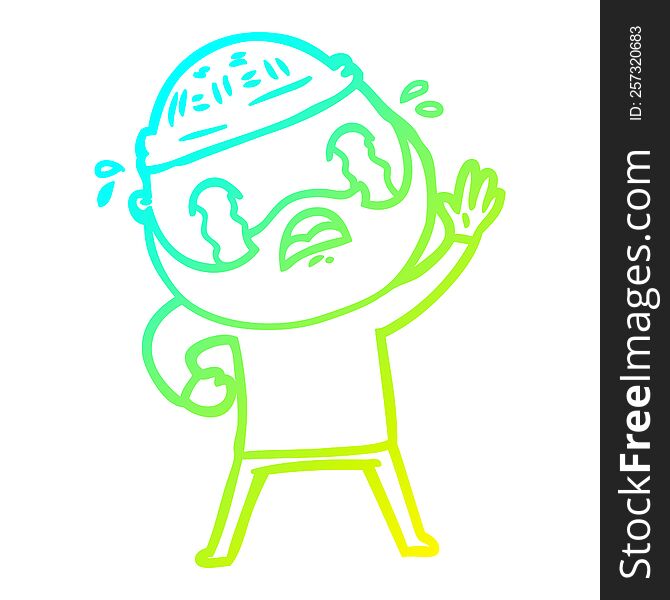 Cold Gradient Line Drawing Cartoon Bearded Man Waving And Crying