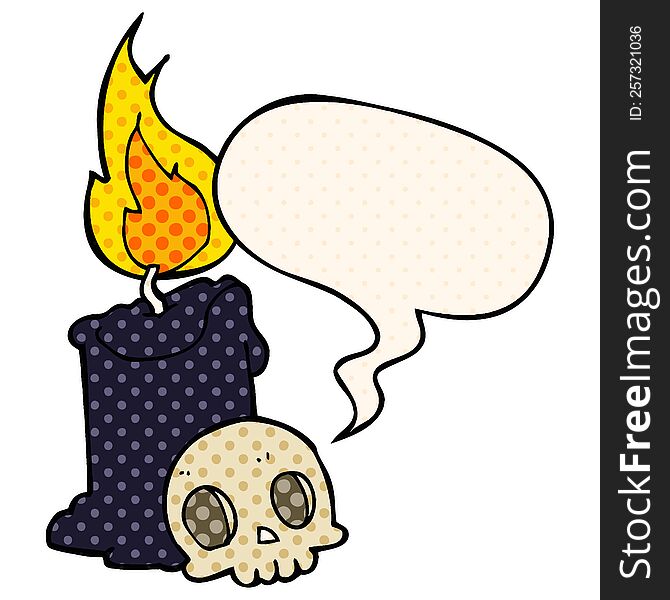 cartoon skull and candle with speech bubble in comic book style
