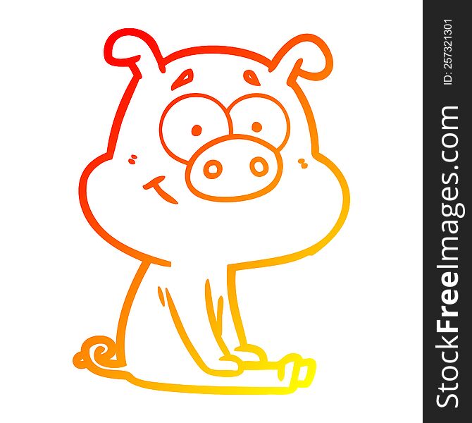 warm gradient line drawing of a happy cartoon pig sitting