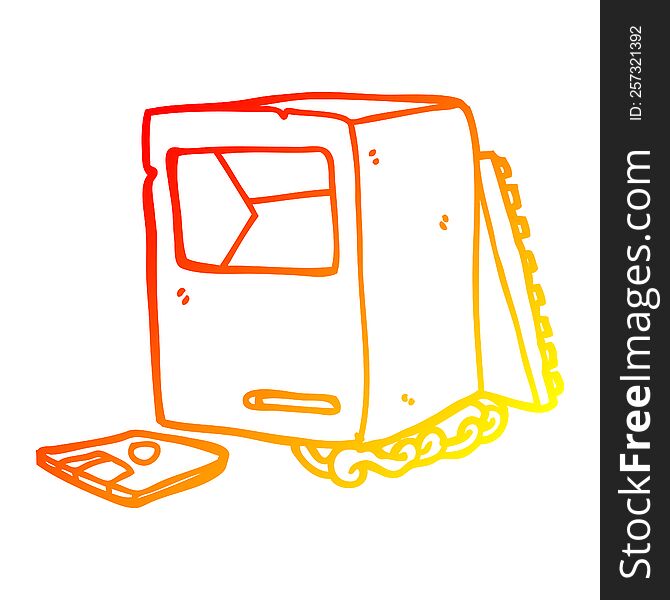 warm gradient line drawing of a cartoon broken old computer