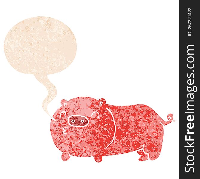 Cartoon Pig And Speech Bubble In Retro Textured Style