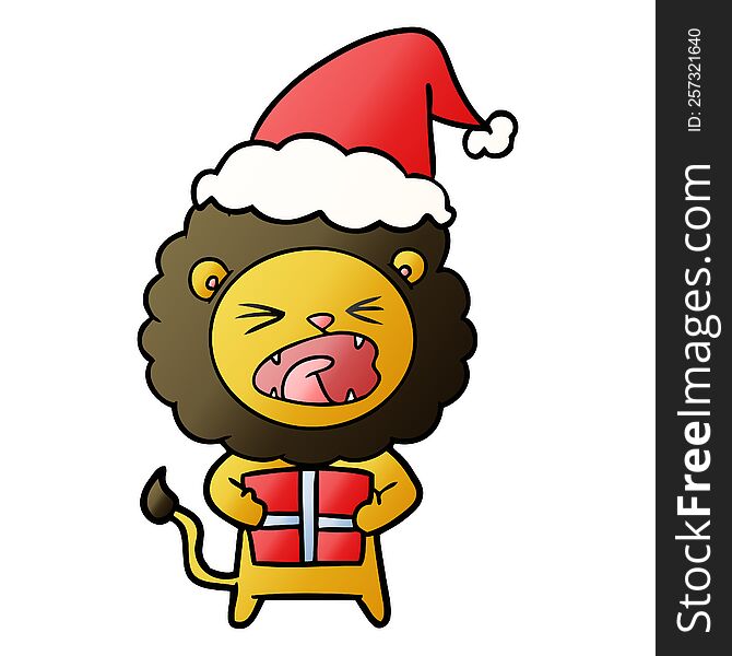 hand drawn gradient cartoon of a lion with christmas present wearing santa hat