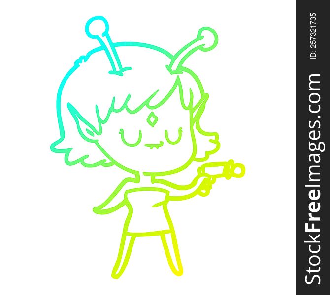 cold gradient line drawing cartoon alien girl with ray gun