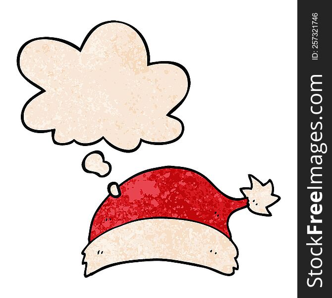 Cartoon Christmas Hat And Thought Bubble In Grunge Texture Pattern Style