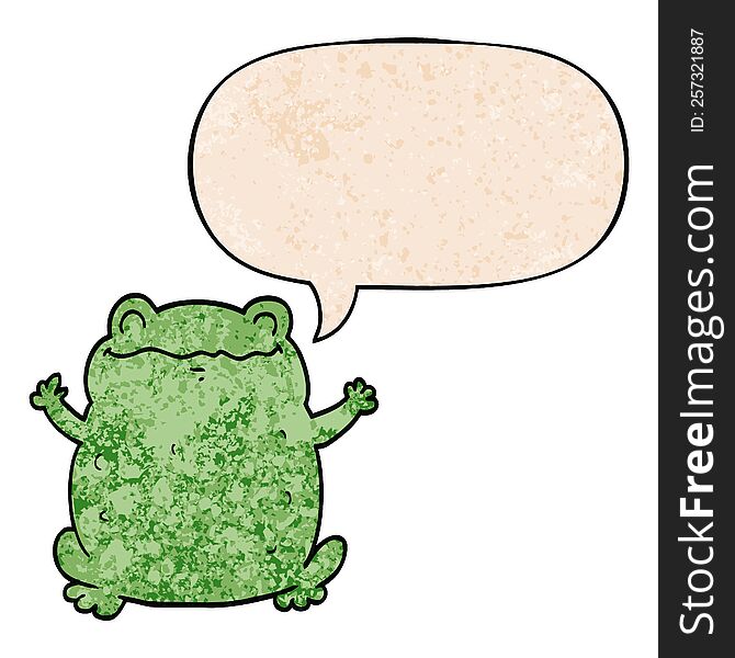 cartoon toad with speech bubble in retro texture style