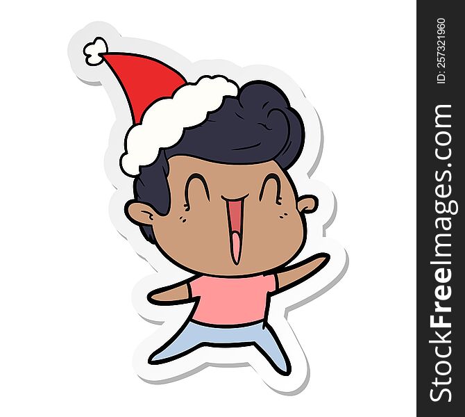 Sticker Cartoon Of A Excited Man Wearing Santa Hat