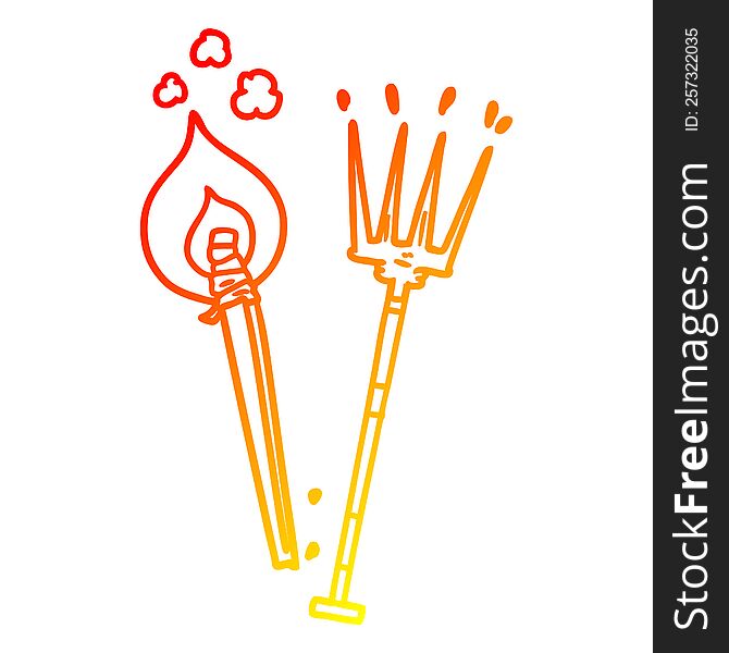 warm gradient line drawing of a cartoon pitchfork and burning brand