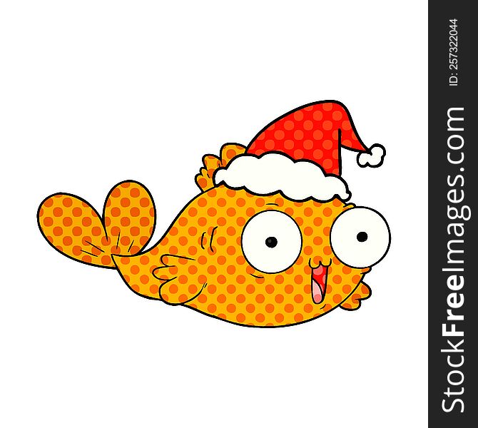 happy goldfish hand drawn comic book style illustration of a wearing santa hat