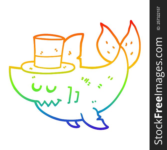 Rainbow Gradient Line Drawing Cartoon Shark Wearing Top Hat