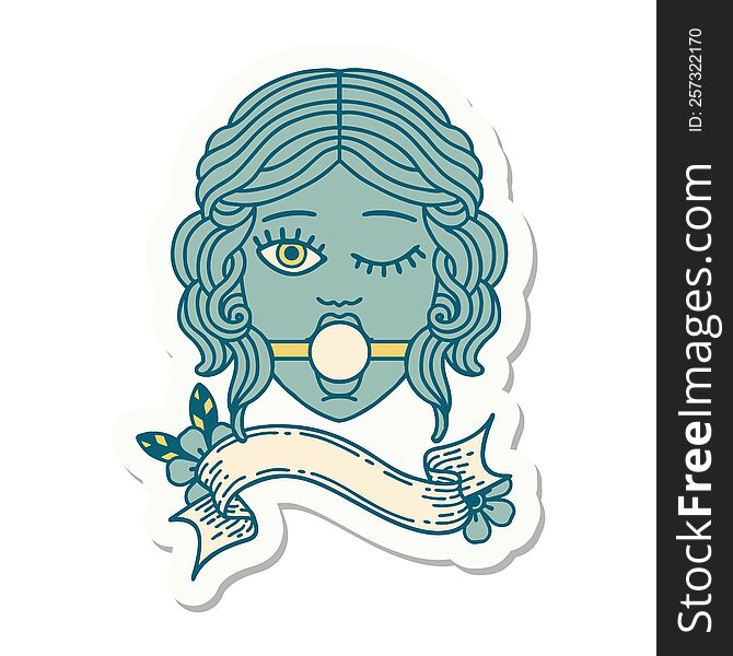 Tattoo Sticker With Banner Of Winking Female Face With Ball Gag