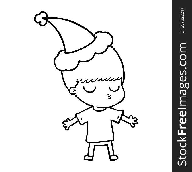 hand drawn line drawing of a calm boy wearing santa hat