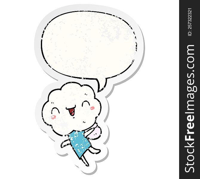 Cute Cartoon Cloud Head Creature And Speech Bubble Distressed Sticker