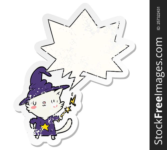 magical amazing cartoon cat wizard with speech bubble distressed distressed old sticker. magical amazing cartoon cat wizard with speech bubble distressed distressed old sticker