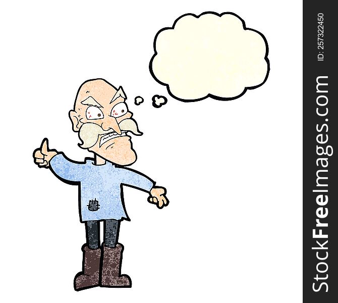 cartoon angry old man in patched clothing with thought bubble