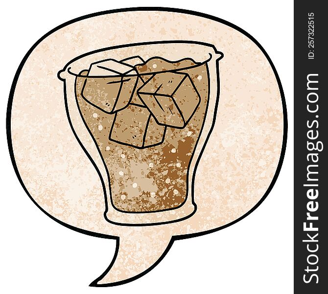 Cartoon Glass Of Cola And Ice And Speech Bubble In Retro Texture Style