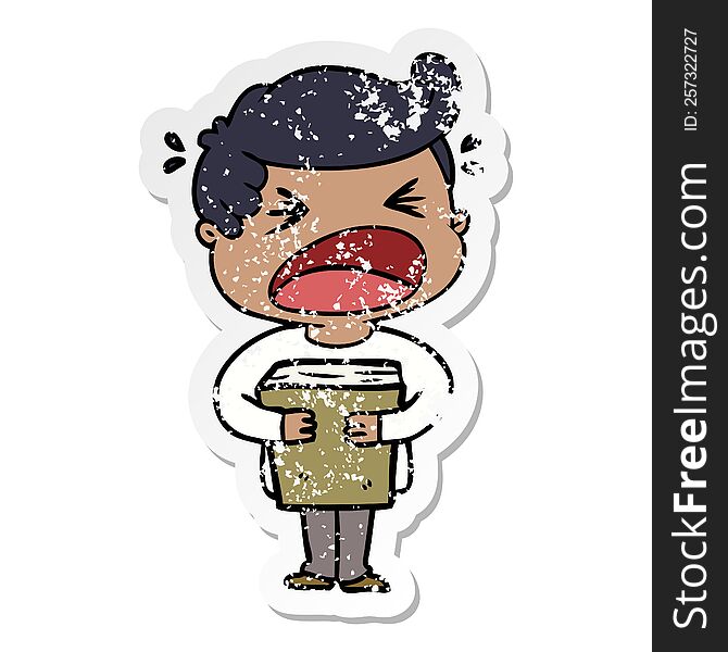 Distressed Sticker Of A Cartoon Shouting Man With Book