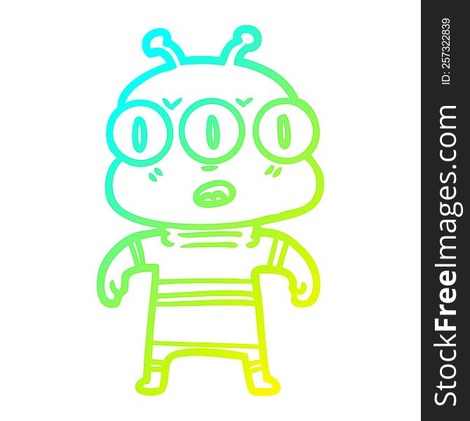 cold gradient line drawing of a cartoon three eyed alien