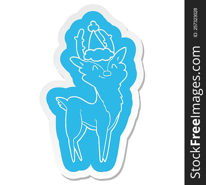 quirky cartoon  sticker of a happy stag wearing santa hat