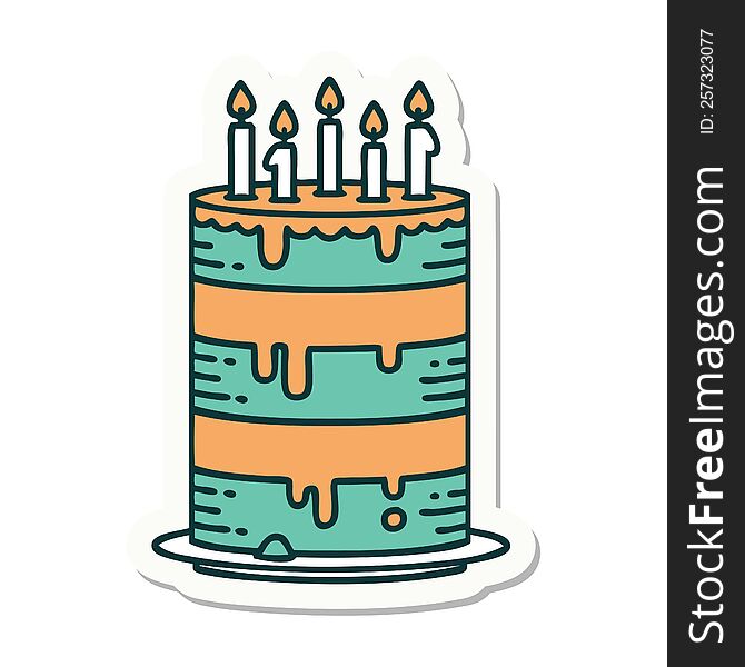 sticker of tattoo in traditional style of a birthday cake. sticker of tattoo in traditional style of a birthday cake