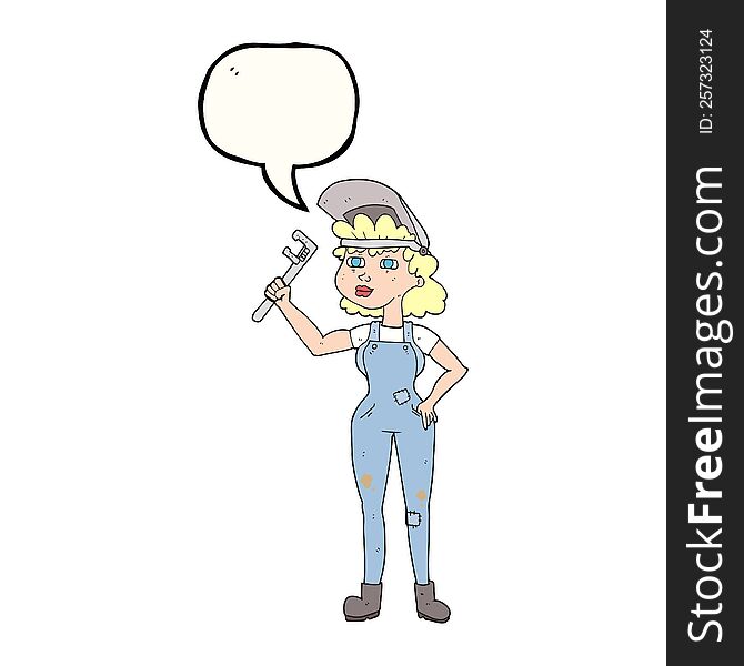 freehand drawn speech bubble cartoon capable woman with wrench