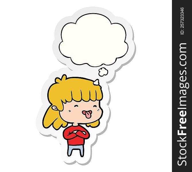 cartoon girl sticking out tongue with thought bubble as a printed sticker