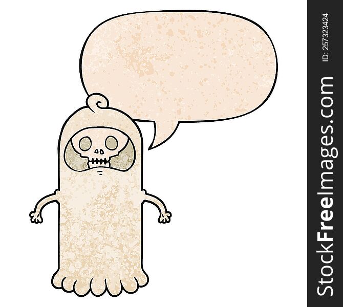 cartoon spooky skull ghost and speech bubble in retro texture style