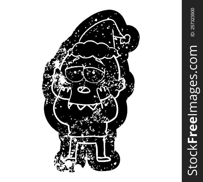 Cartoon Distressed Icon Of A Tired Bald Man Wearing Santa Hat