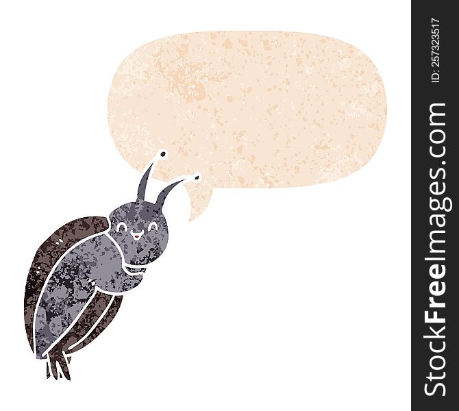 Cute Cartoon Beetle And Speech Bubble In Retro Textured Style
