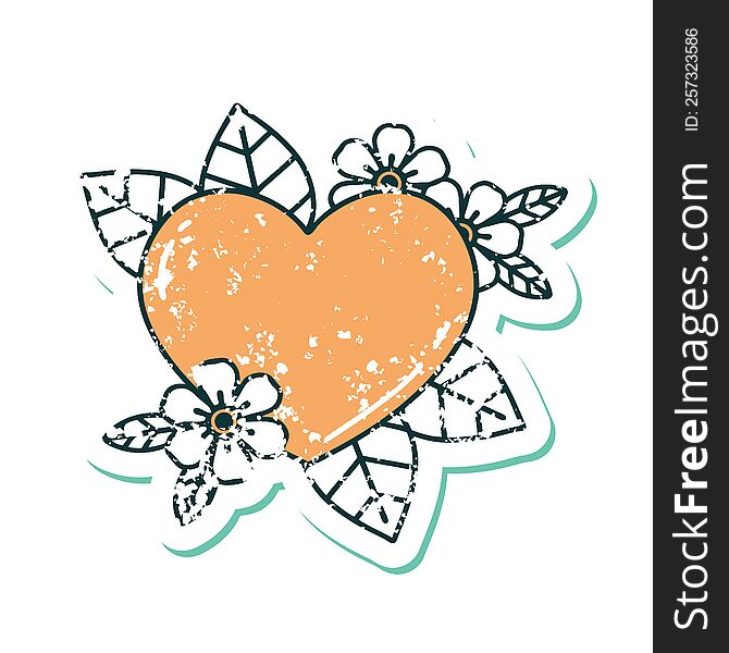 Distressed Sticker Tattoo Style Icon Of A Botanical Heart